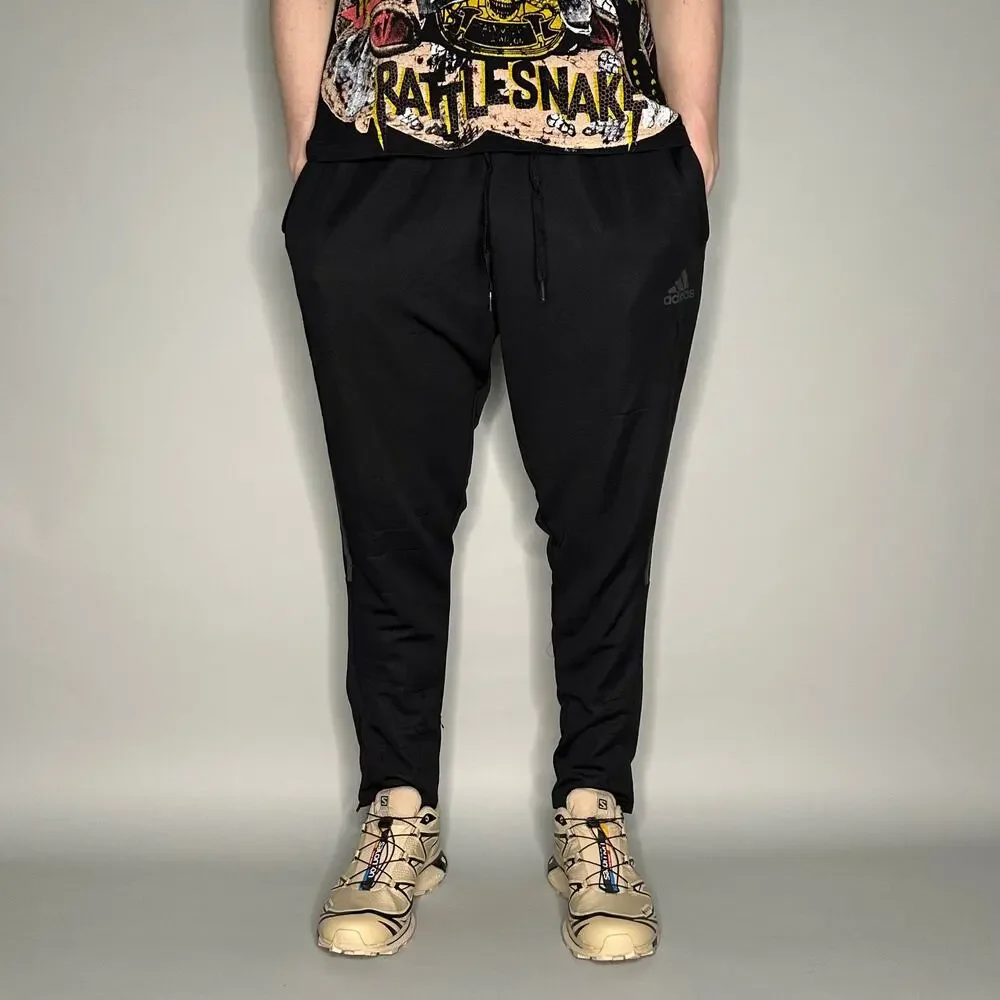Adidas Sweatpants Black Polyester Joggers Grey 3 Stripes Ankle Zippers to Flare - Picture 2 of 5